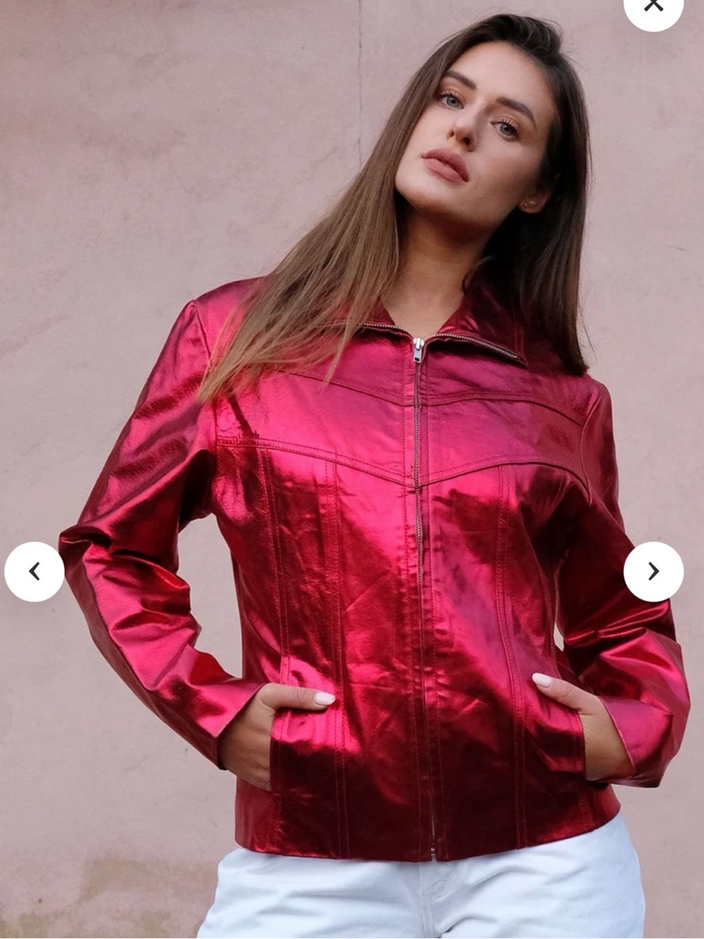 Vintage Maxima Metallic Red Women's Zip-Front Leather Jacket
